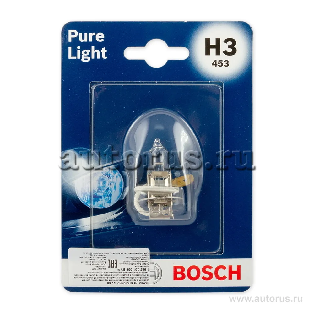 Лампа 12V H3 55W BOSCH 1 шт. картон 1 987 301 006 BOSCH артикул 1 987 301  006 - цена, характеристики, купить в Москве в интернет-магазине  автозапчастей АВТОРУСЬ