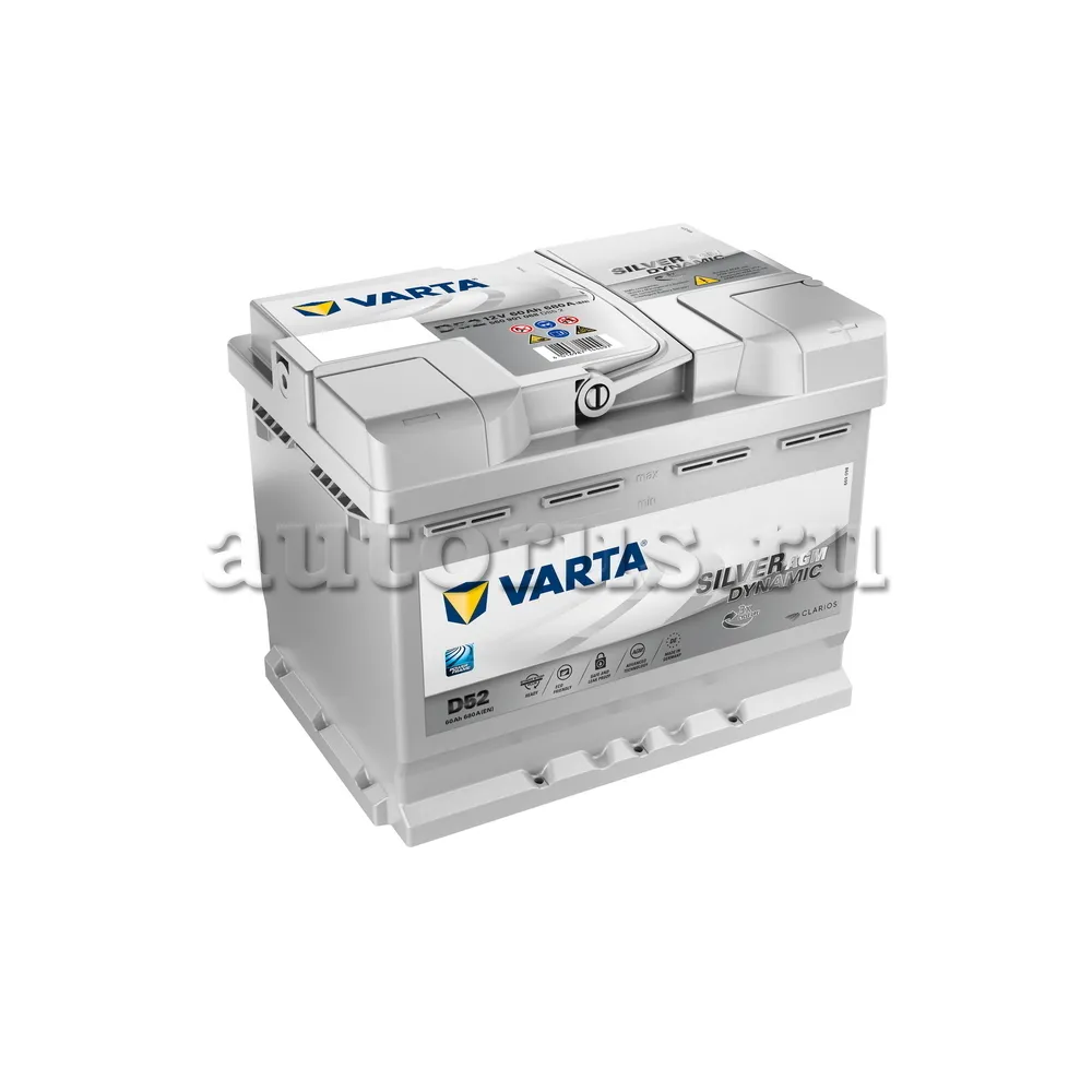 Аккумулятор VARTA Silver Dynamic AGM 60 А/ч обратная R+ A8 (D52)  242x175x190 EN680 А VARTA артикул 560 901 068 - цена, характеристики,  купить в Москве в интернет-магазине автозапчастей АВТОРУСЬ