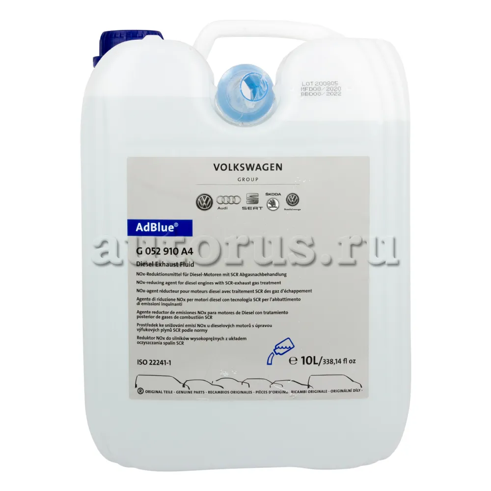 Водный раствор мочевины VAG AdBlue 10 л G 052910A4 VAG артикул G 052910A4 -  цена, характеристики, купить в Москве в интернет-магазине автозапчастей  АВТОРУСЬ