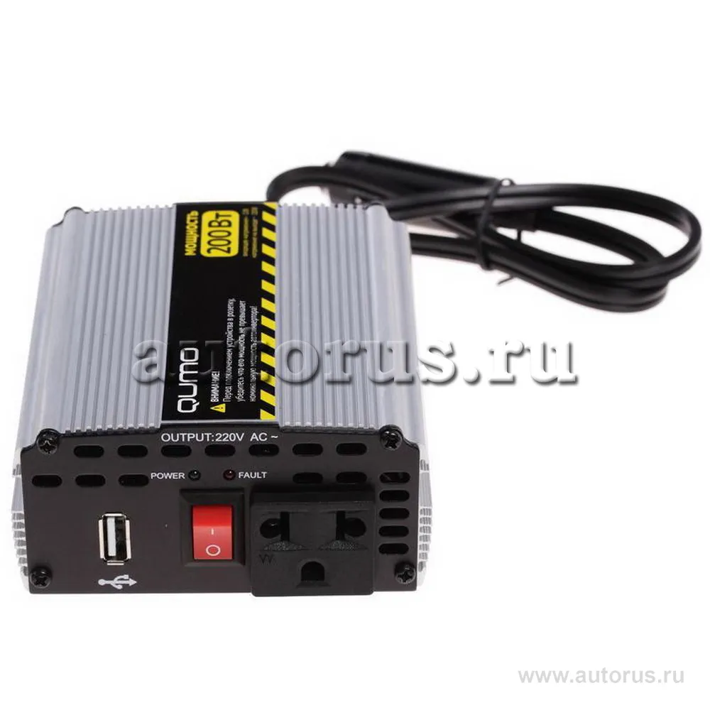 Автоинвертор(розетка в авто) Qumo (16183) 12>220v/200W в прикуриватель, USB  выход, система защиты QUMO артикул qumo-200 - цена, характеристики, купить  в Москве в интернет-магазине автозапчастей АВТОРУСЬ