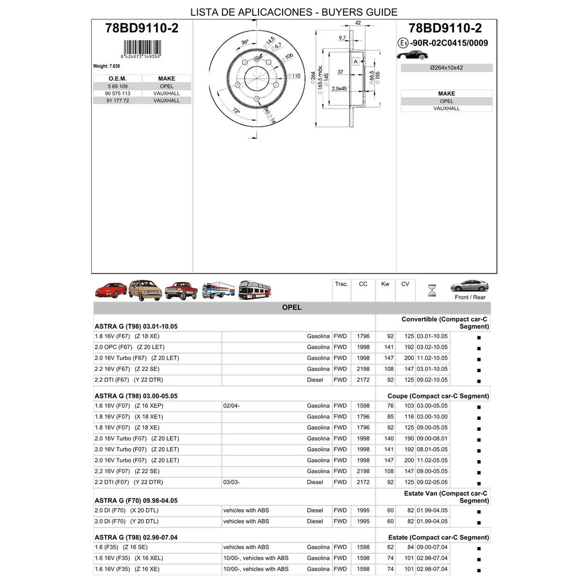 Диск тормозной задний OPEL Astra G/H Meriva Zafira ICER 78BD9110-2