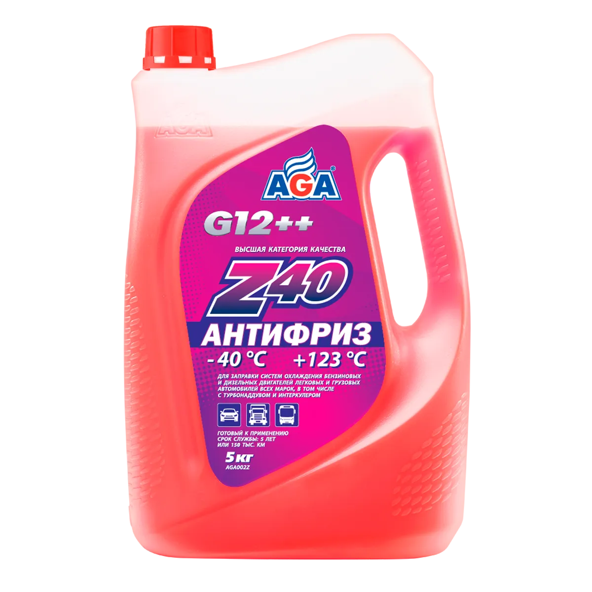 Антифриз AGA Z-40 G12++ готовый -40C красный 5 л AGA002Z AGA артикул  AGA002Z - цена, характеристики, купить в Москве в интернет-магазине  автозапчастей АВТОРУСЬ