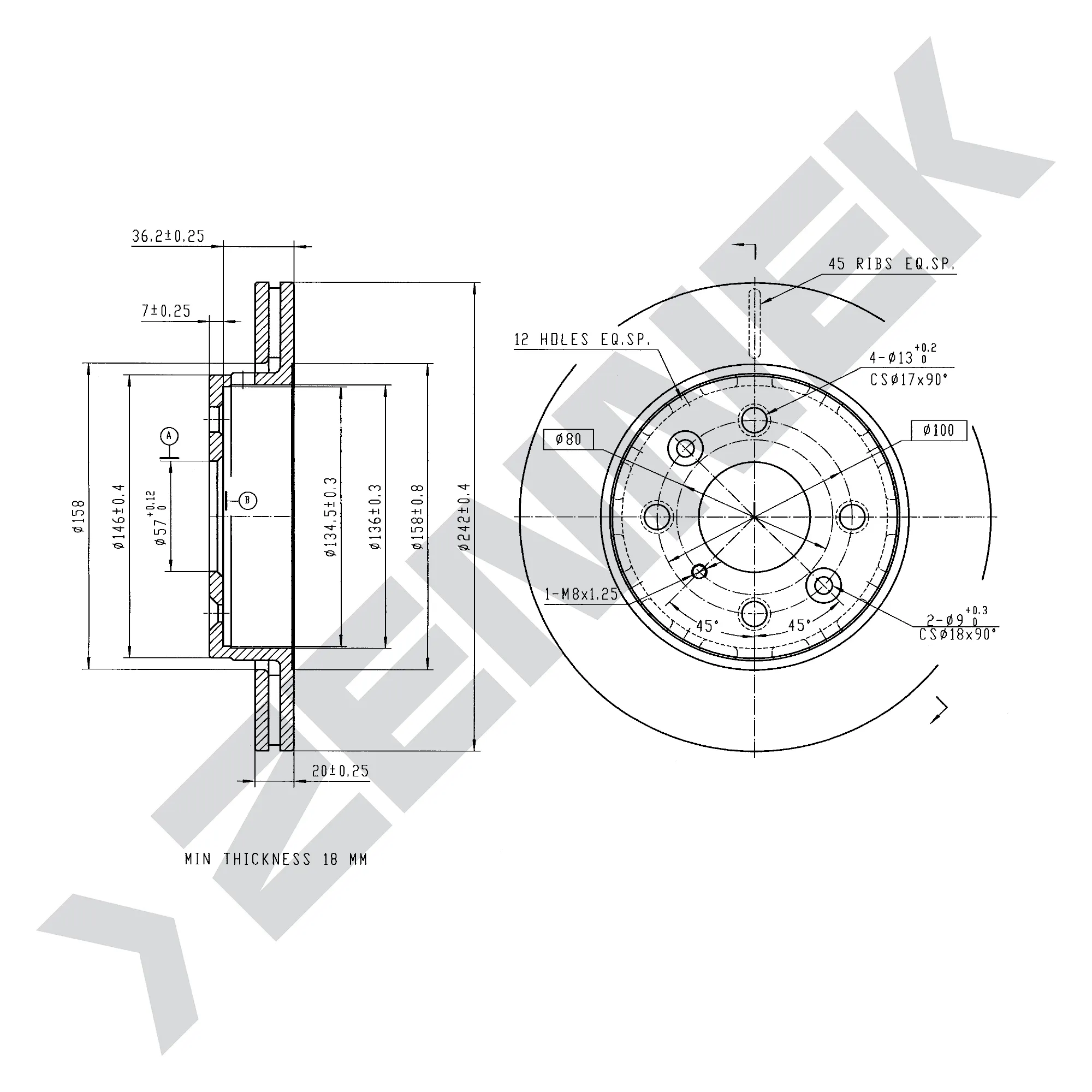 Диск тормозной передний KIA SEPHIA 95-02, SHUMA 97-01 (2 шт) ZENNEK DBD0230