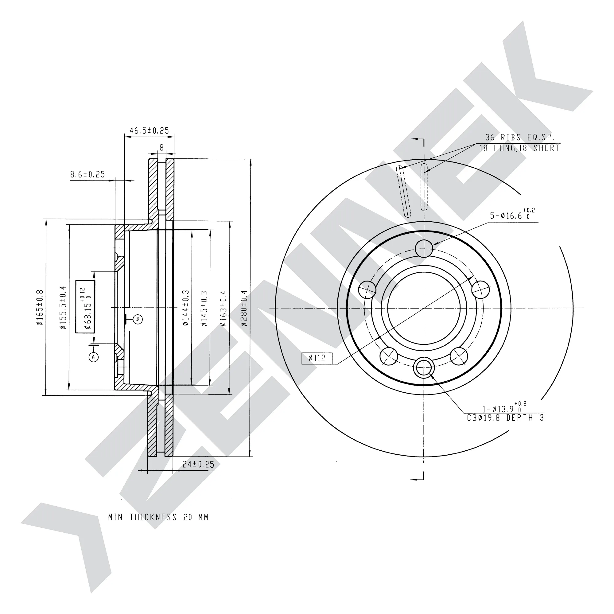 Диск тормозной передний VW T4 90-04 (2 шт) ZENNEK DBD0064