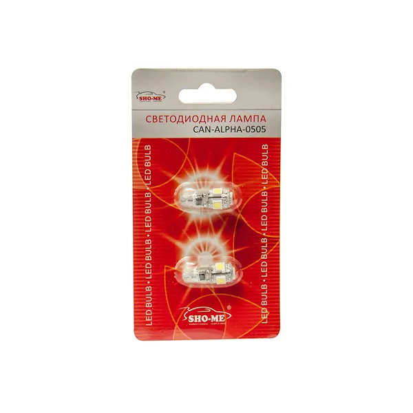 Лампа светодиодная 12V T10 (w5w) 1W 5000K SHO-ME 2 шт. картон ALPHA-0505