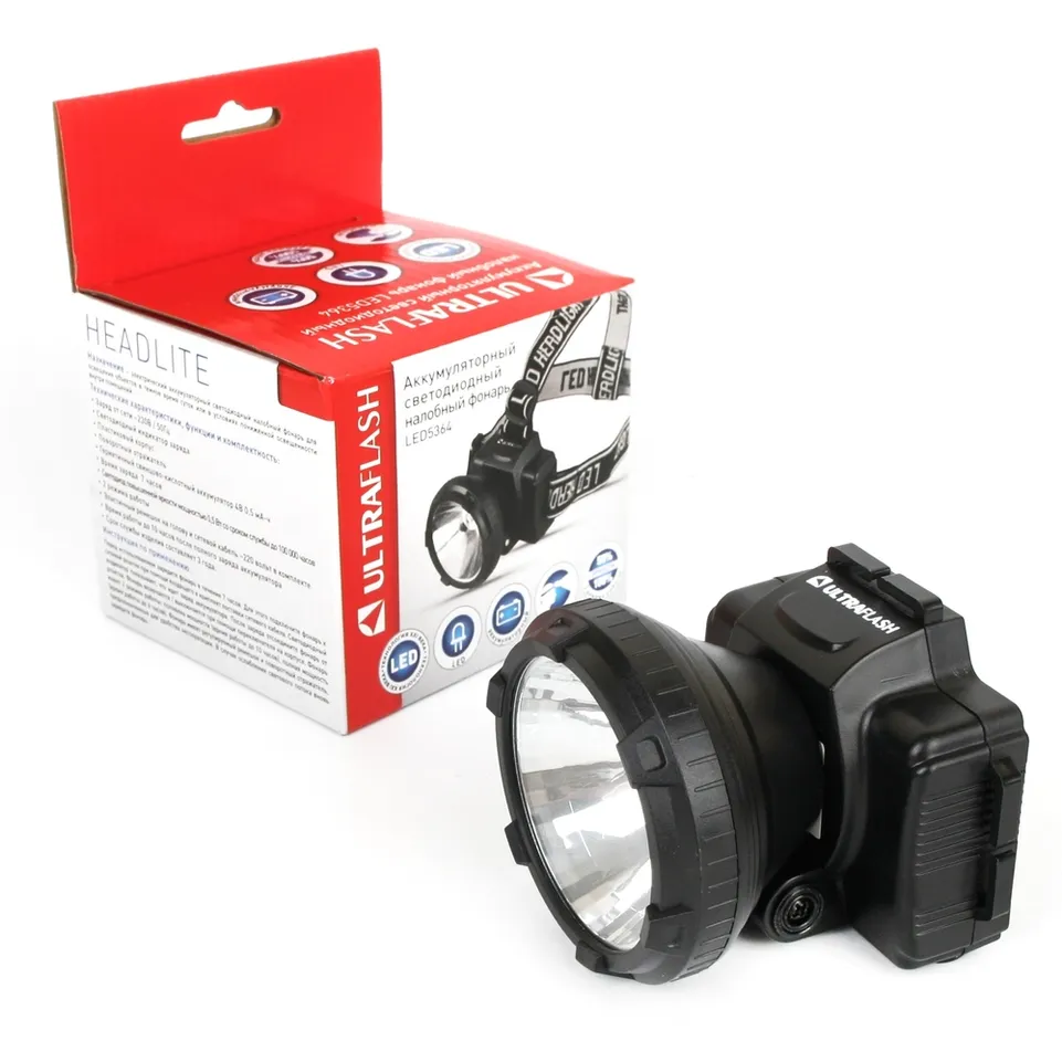 Фонарь налобн аккум 220В, черный, 0,5 Ватт LED, 2 реж, пласт, бокс ULTRAFLASH LED5364