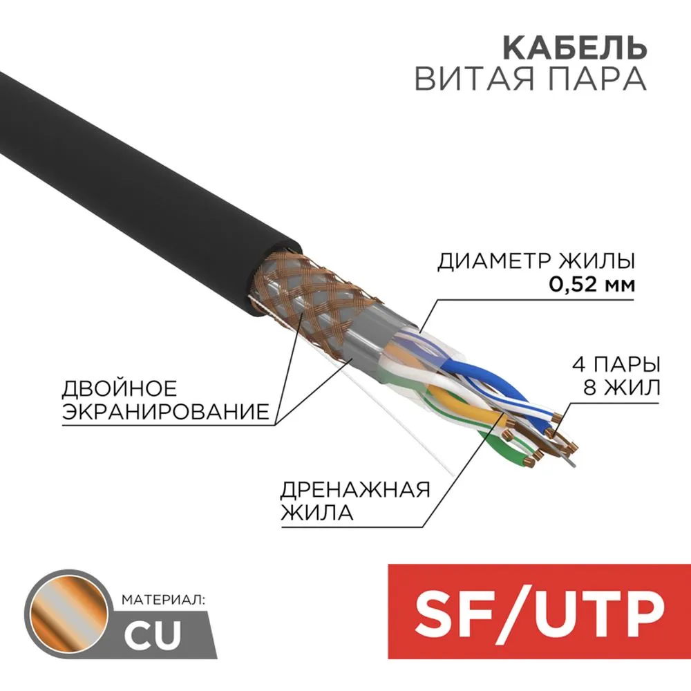 Кабель витая пара SF/UTP, категория 5e, PE, 4PR, 24AWG, внешний, черный, 305 м REXANT 01-0344