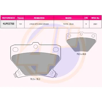 Колодки задние TOY COROLLA 02-07/ PRIUS 00- 09/ YARIS 01-05 (с 2 датчиками) 4U 4UP03788