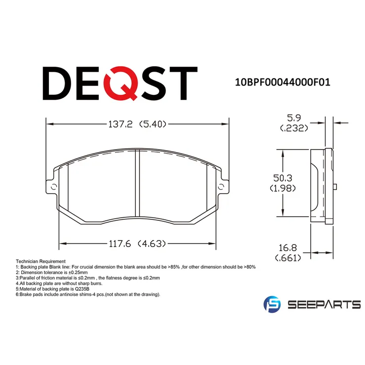 Колодки тормозные, передние SUBARU FORESTER 01-/IMPREZA 01-/LEGACY 98- DEQST 10BPF00044000