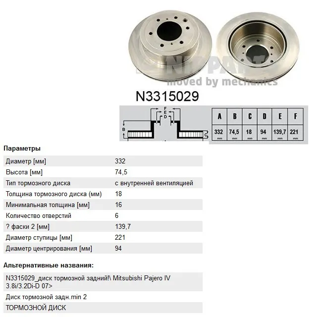 Диск тормозной задний MIN 2 NIPPARTS N3315029