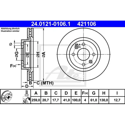 Диск тормозной передний RENAULT/NISSAN/LADA LARGUS без ABS/D=259MM ATE 24.0121-0106.1