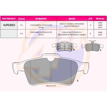 Колодки задние OPEL VECTRA C. NISSAN PRIMERA. REN LAGUNA 01- 4U 4UP03853