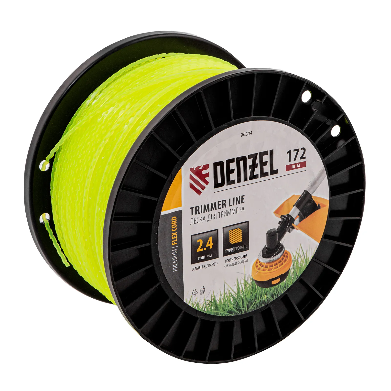 Леска для триммера зубчатый квадрат, 2,4 мм x172 м, на DIN катушке FLEX CORD Denzel Denzel 96804