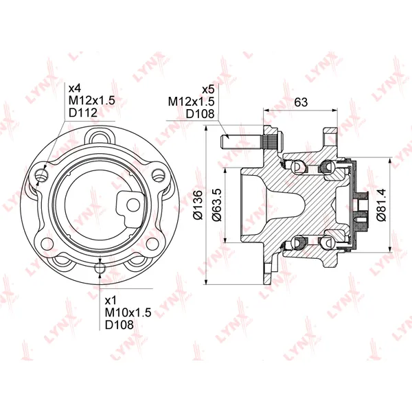 Ступица задняя в сборе FORD Focus III 1.0-2.0 10> LYNXauto WH-1328