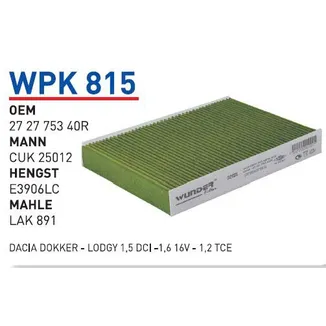 Фильтр салонный (угольный) NISSAN Qashqai 2013-> WUNDER FILTER WPK815