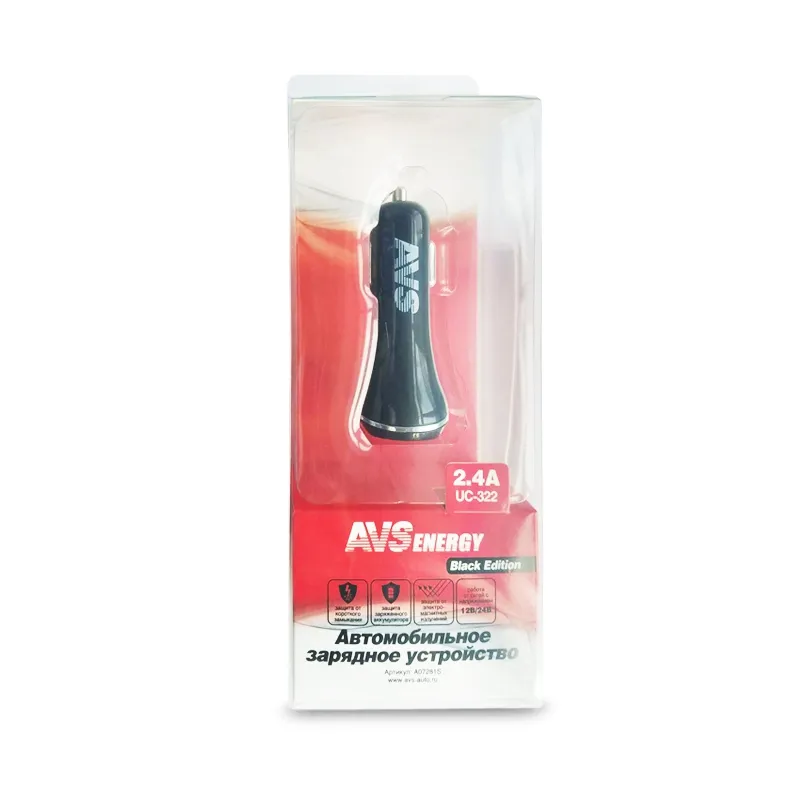Устройство зарядное автомобильное AVS USB (2 порта) UC-322 (2,4А) (Black Edition) AVS A07281S