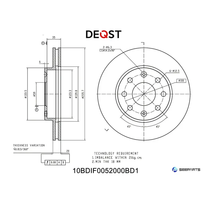 Диск тормозной, передний, CHEVROLET AVEO (T250, T255) 03-, CHEVROLET SPARK ( DEQST 10BDIF0052000