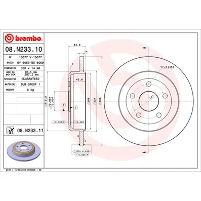 Диск тормозной задний JEEP GRAND CHEROKEE IV 11- BREMBO 08N23311