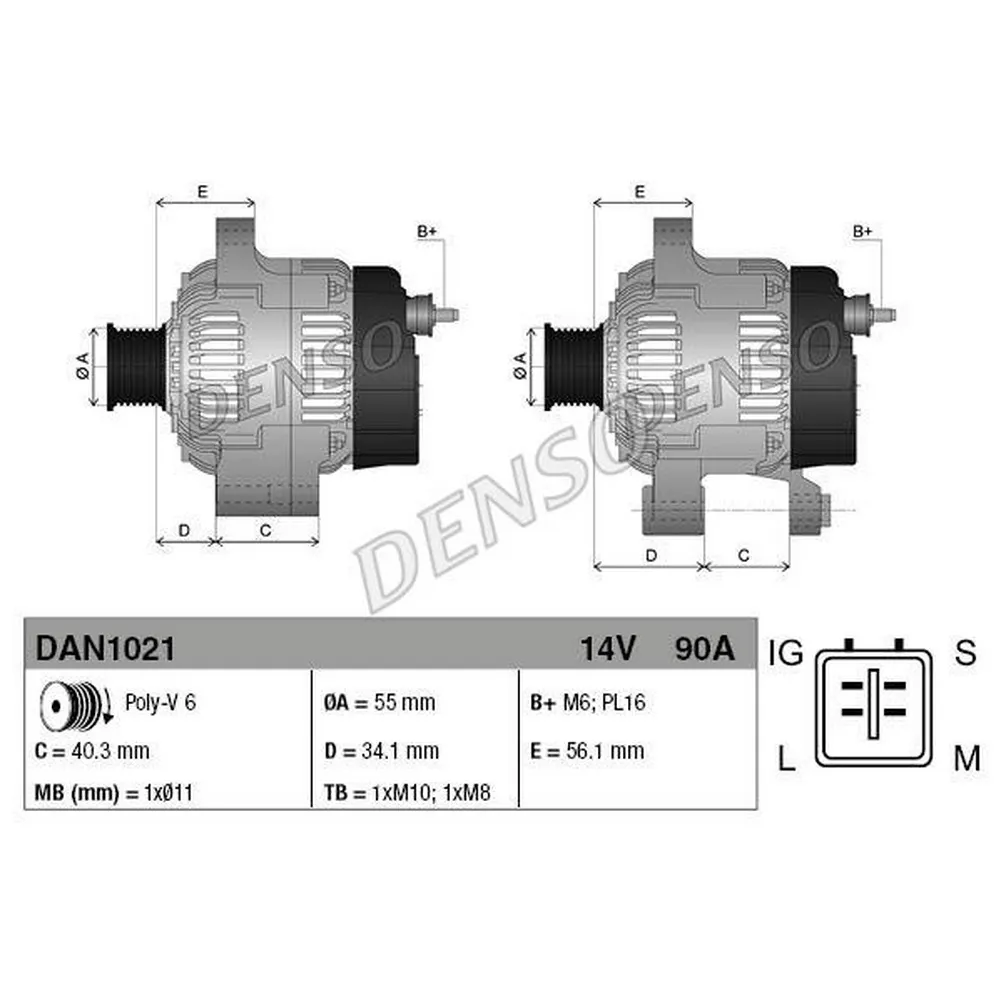 Генератор 14V 90A DENSO DAN1021