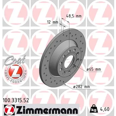Диск тормозной задний перфорированный с покрытием SPORT COAT Z VAG AUDI/SEAT/SKODA/VW ZIMMERMANN 100.3315.52