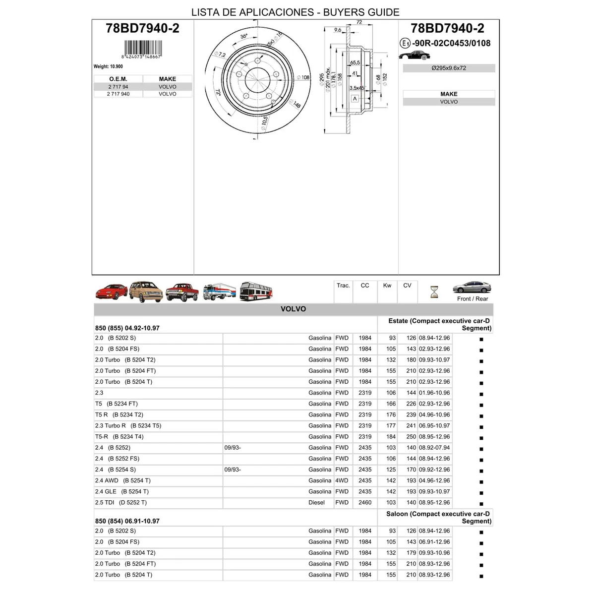 Диск тормозной задний VOLVO 850/C70/S70/V70 -02 ICER 78BD7940-2