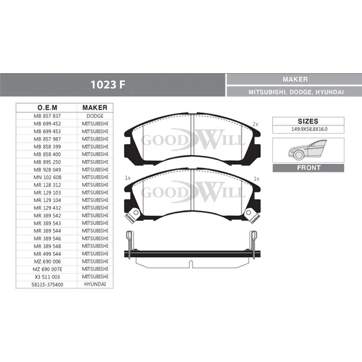 Колодки тормозные дисковые передние, комплект MITSUBISHI Outlander, Outlander XL, Space Wagon/ P GOODWILL 1023F