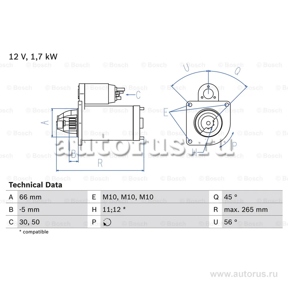 Стартер 12V, 1.7KW BOSCH 0986013240