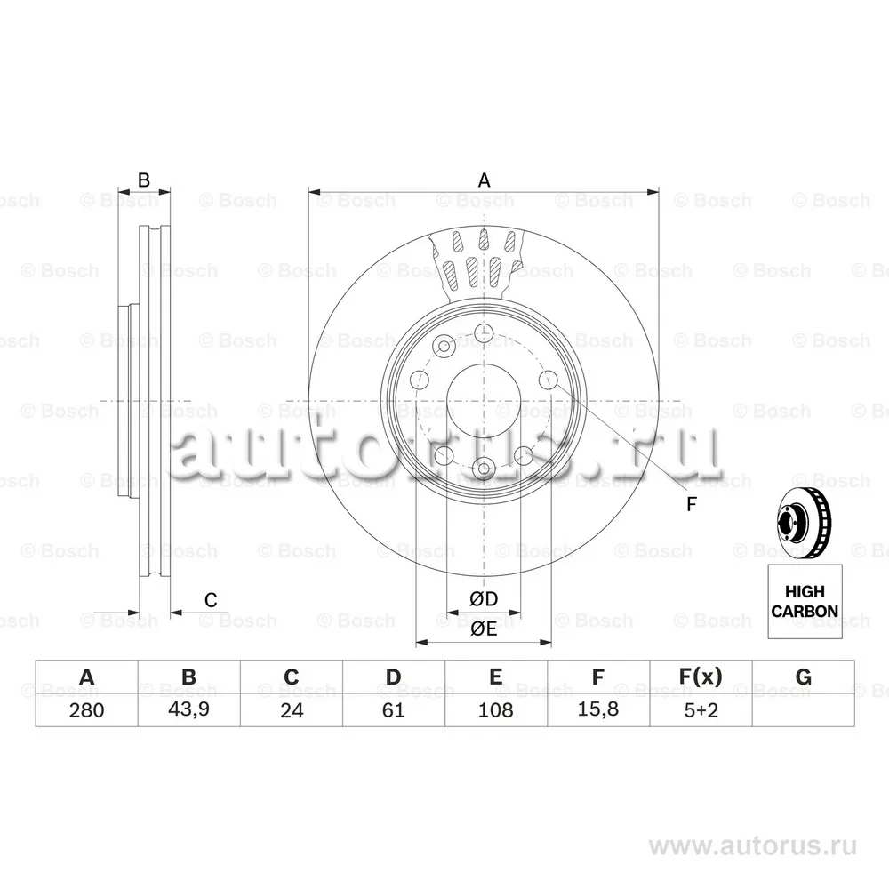 Диск тормозной RENAULT KANGOO 08- передний вент.D=280 мм. BOSCH 0 986 479 555