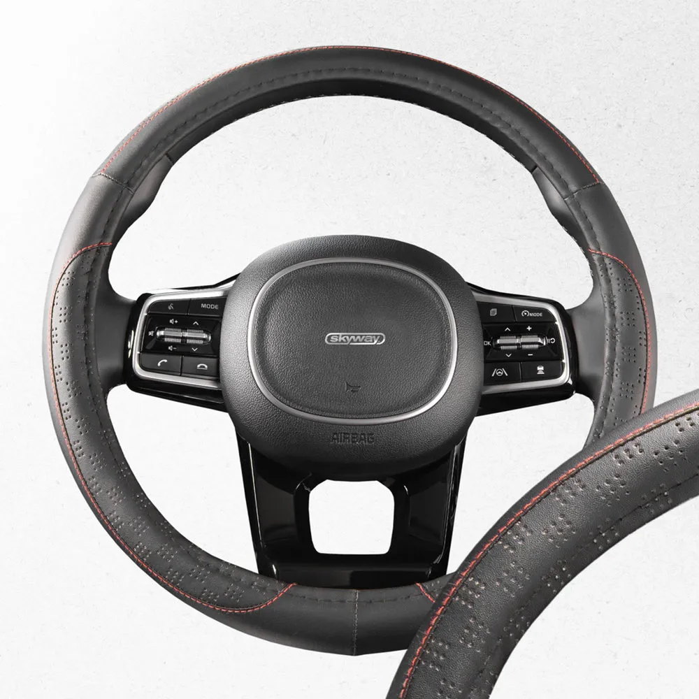 Оплетка руля SKYWAY кожаная черная с красной прострочкой (M) SKYWAY S01102346