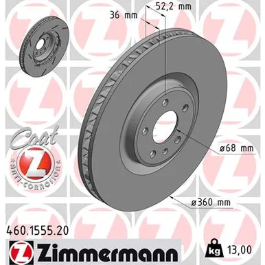 Диск тормозной передний R с покрытием COAT Z PORSCHE MACAN 14-> ZIMMERMANN 460.1555.20