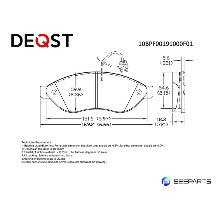 Колодки тормозные, передние CITROEN JUMPER/FIAT DUCATO/PEUGEOT BOXER R15 06- DEQST 10BPF00191000
