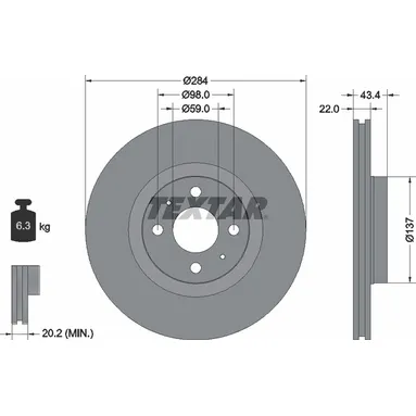 Диск тормозной передний с покрытием PRO ALFA ROMEO/CHRYSLER/FIAT/LANCIA TEXTAR 92053503