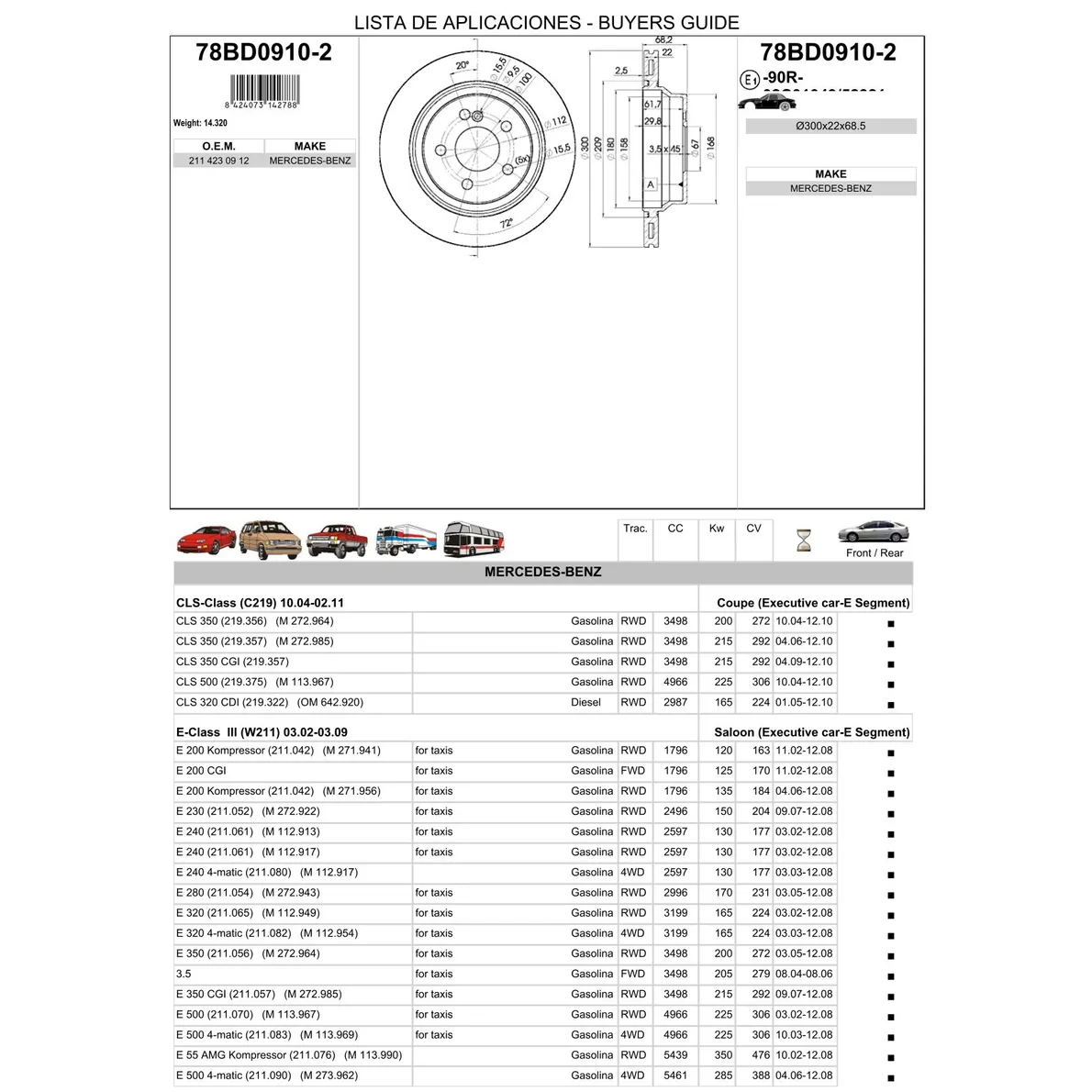 Диск тормозной задний MB X204/W211/W212 1.8…5.0L+CDI ALL 02-> /D=300MM ICER 78BD0910-2