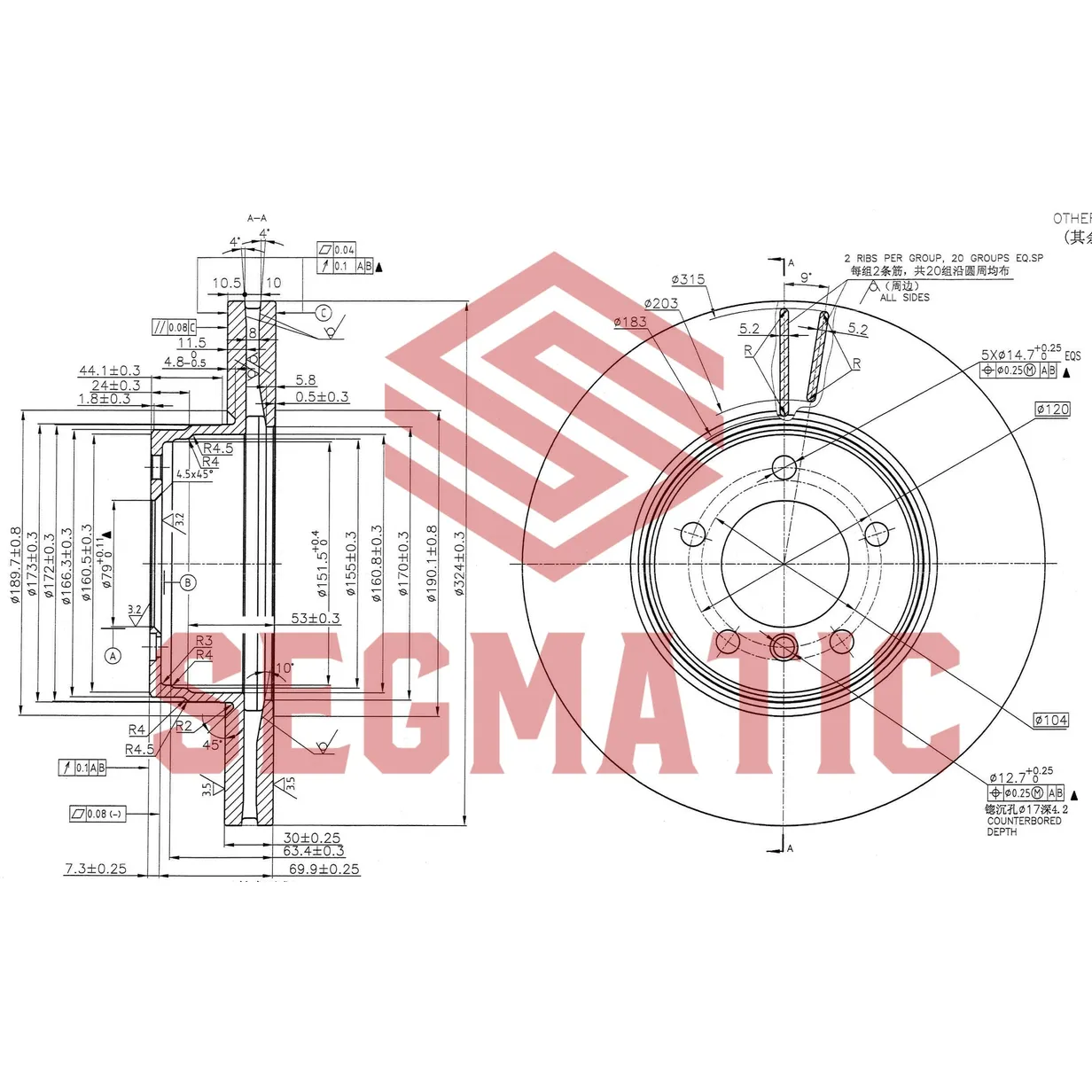 Диск тормозной передний BMW E60/E61/E63/E64 03- SEGMATIC SBD30093115