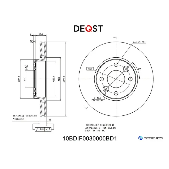 Диск тормозной, LADA LARGUS 12-, NISSAN MICRA (K12) 03-, RENAULT L DEQST 10BDIF0030000