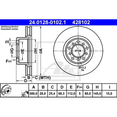 Диск тормозной передний MB W126 (260SE-560SE) ATE 24.0128-0102.1