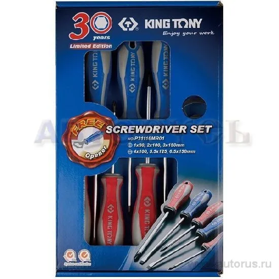 Набор отверток в коробке, 6 предметов, в комплекте открывалка для бутылок KING TONY P31116MR01