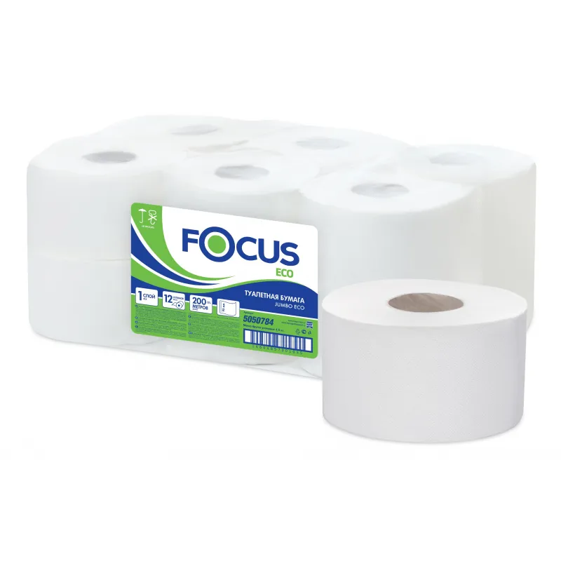 Бумага туалетная д/дисп Focus Eco Jumbo 1сл бел цел 200м 12рул/уп 5050784 1418101