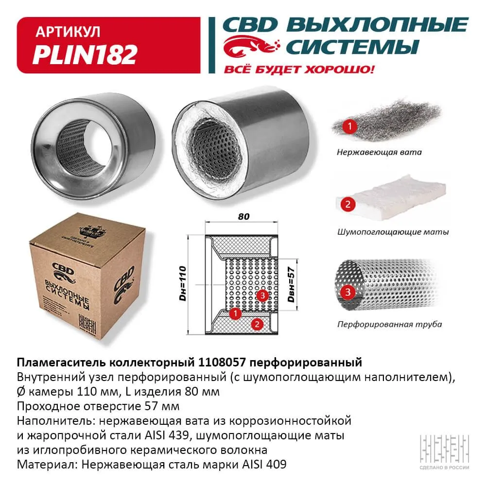 Пламегаситель коллекторный 1108057 перфорированный, из Нерж.стали. CBD. PLIN182