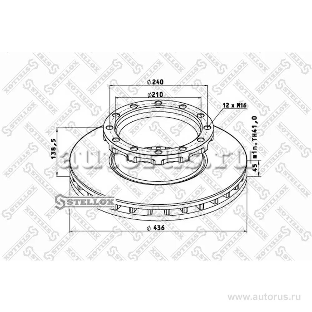 Диск тормозной 436/210X45/138 12N-240-M16 IVECO180-440E.38/42/47/5 STELLOX 8500743_SX