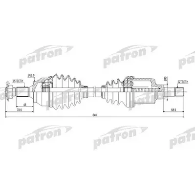 Полуось передняя левая 25x640x58,6x22 PEUGEOT: 207 06-, 20 PATRON PDS0229