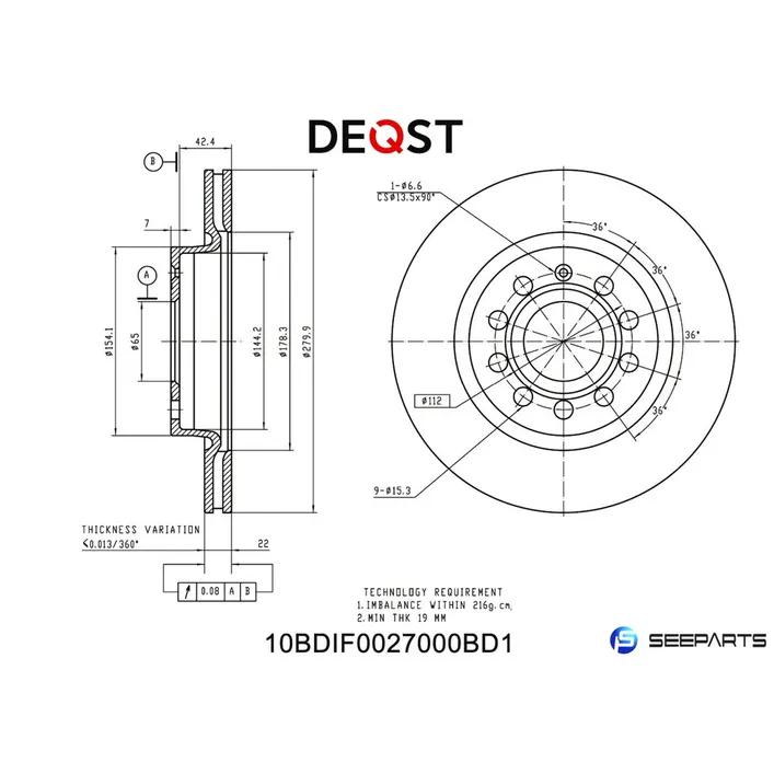 Диск тормозной передний, VW CADDY III, GOLF (V, VI, JETTA (V, VI)/ AUDI A3 DEQST 10BDIF0027000