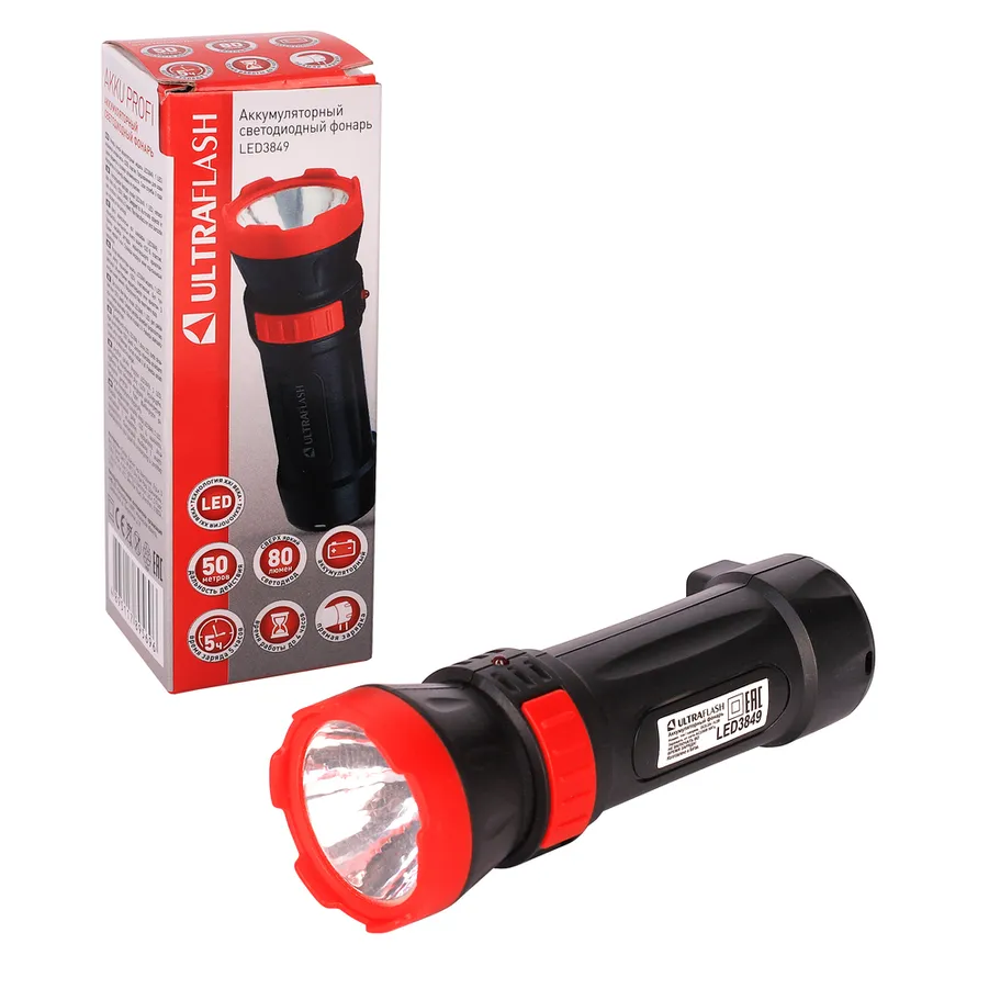Фонарь аккум. 220В, черный, 1 LED, 2 реж.,SLA, пластик, коробка ULTRAFLASH LED3849