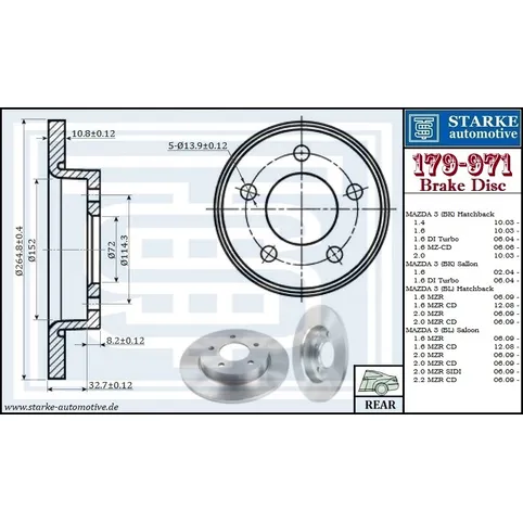 Диск тормозной MAZDA 3 задний STARKE 179-971