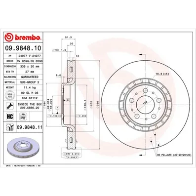 Диск тормозной VOLVO XC90 02> R17 передний вент. D=336 мм BREMBO 09.9848.10