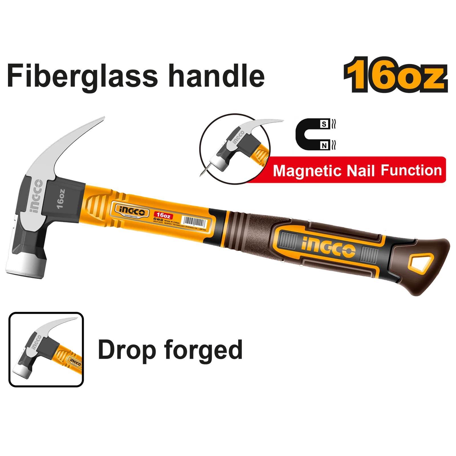 Молоток-гвоздодер 450 г (6/18) INGCO HCH81016