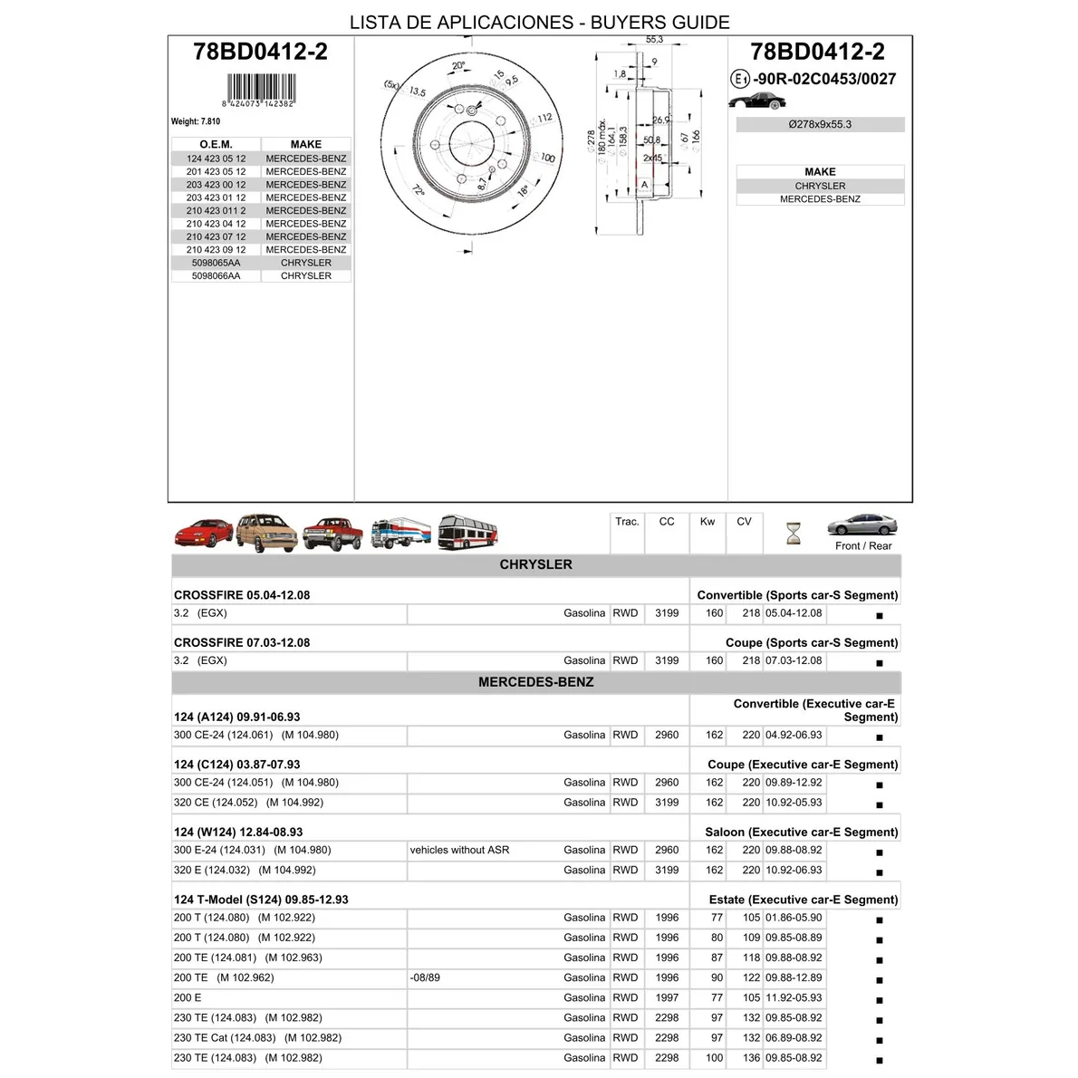 Диск тормозной задний MB W203/W210/CHRYSLER CROSSFIRE 03-08 /D=278MM ICER 78BD0412-2