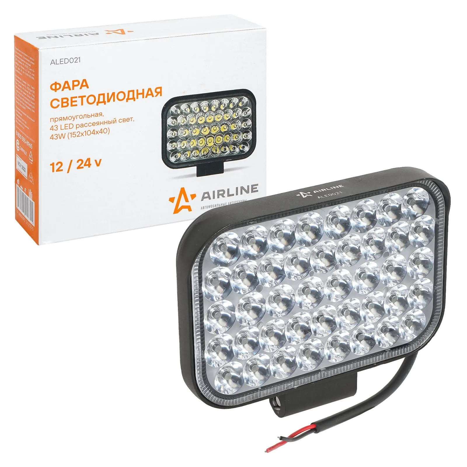 Фара светодиодная прямоугольная 43LED, направленный свет, 43Вт, 152х104х40мм, 12/24В AIRLINE ALED021