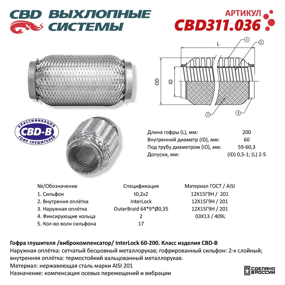 Гофра глушителя 3х-сл InterLock 60-200. CBD311.036