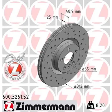 Диск тормозной передний перфорированный с покрытием SPORT COAT Z VAG VW POLO VI 17-> ZIMMERMANN 600.3261.52
